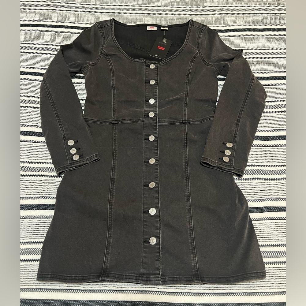 New Levi’s Black Denim Mini Long Sleeve Button Down Dress